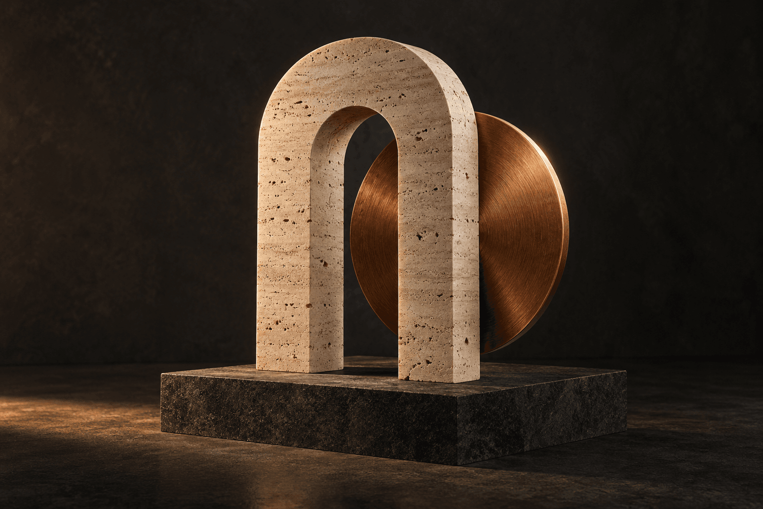 Travertine arch and brushed copper disk, created for Apollon.
